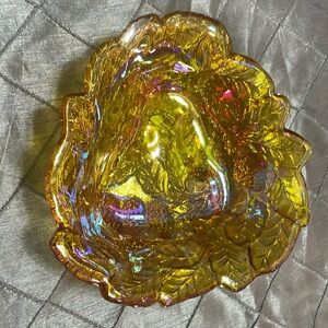 Irredentist vintage Amber Carnival Glass Dish w/leaf & grape pattern